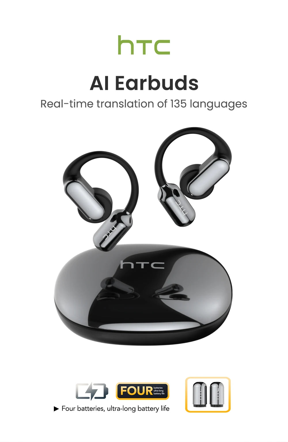 【AI Translation Earbuds】HTC NE50 Bluetooth Earphone Sports Wireless Headphones Smart Noise Reduction Earhook Replaceable battery
