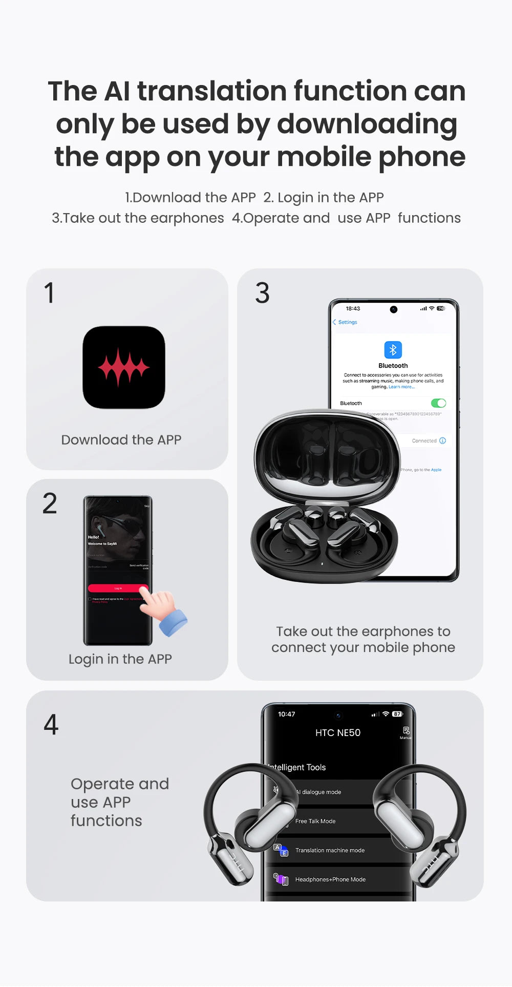 【AI Translation Earbuds】HTC NE50 Bluetooth Earphone Sports Wireless Headphones Smart Noise Reduction Earhook Replaceable battery