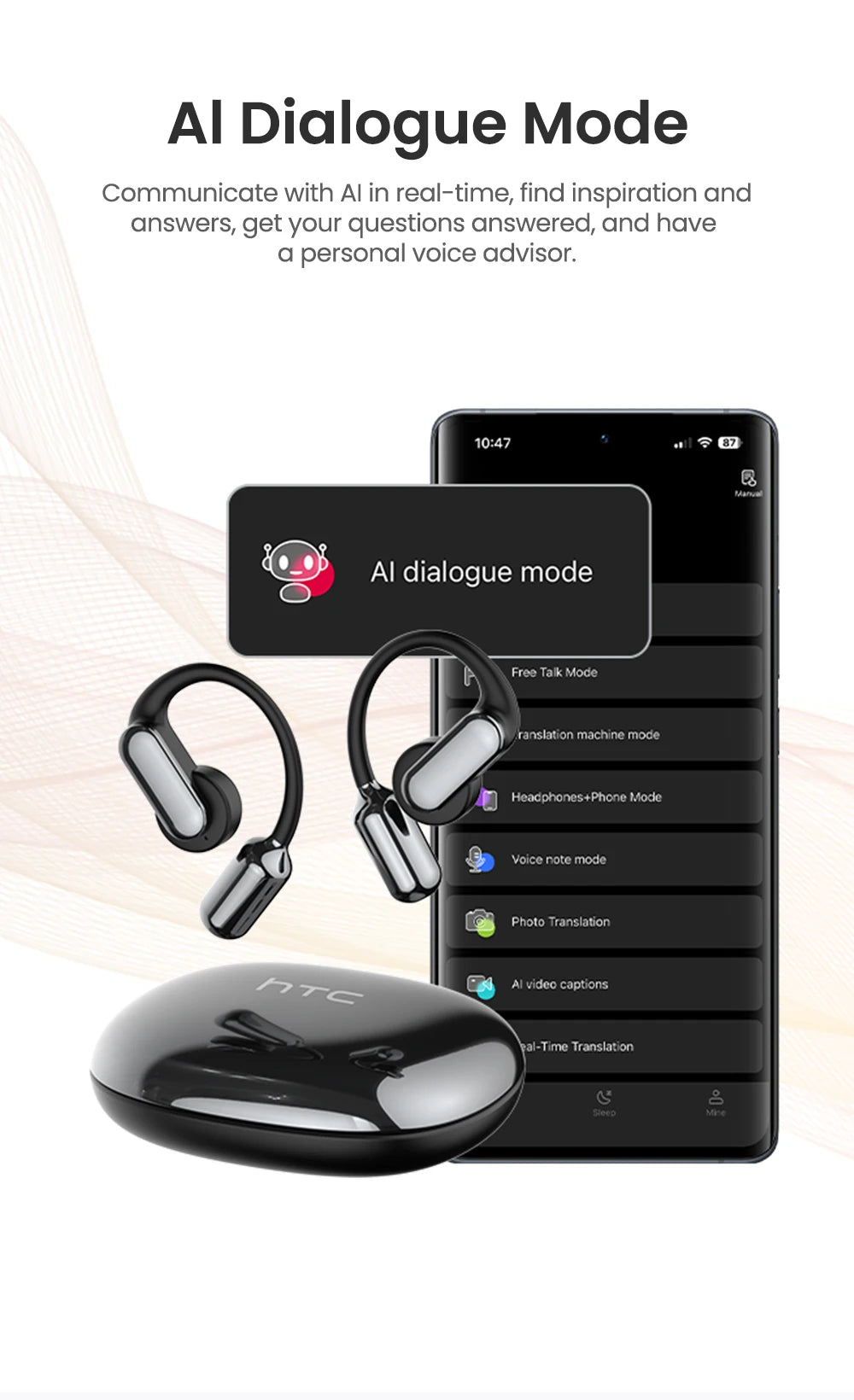 【AI Translation Earbuds】HTC NE50 Bluetooth Earphone Sports Wireless Headphones Smart Noise Reduction Earhook Replaceable battery