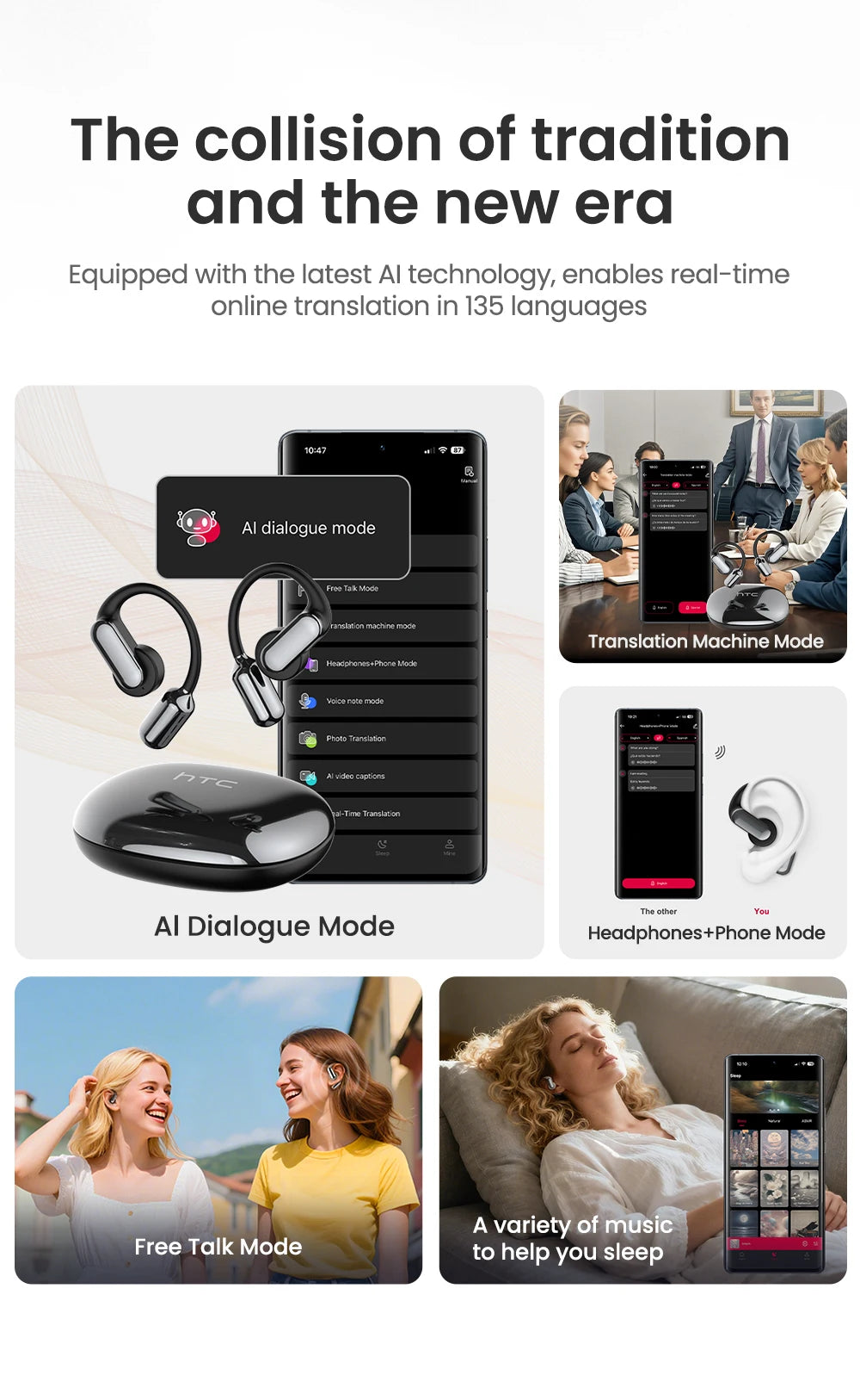 【AI Translation Earbuds】HTC NE50 Bluetooth Earphone Sports Wireless Headphones Smart Noise Reduction Earhook Replaceable battery